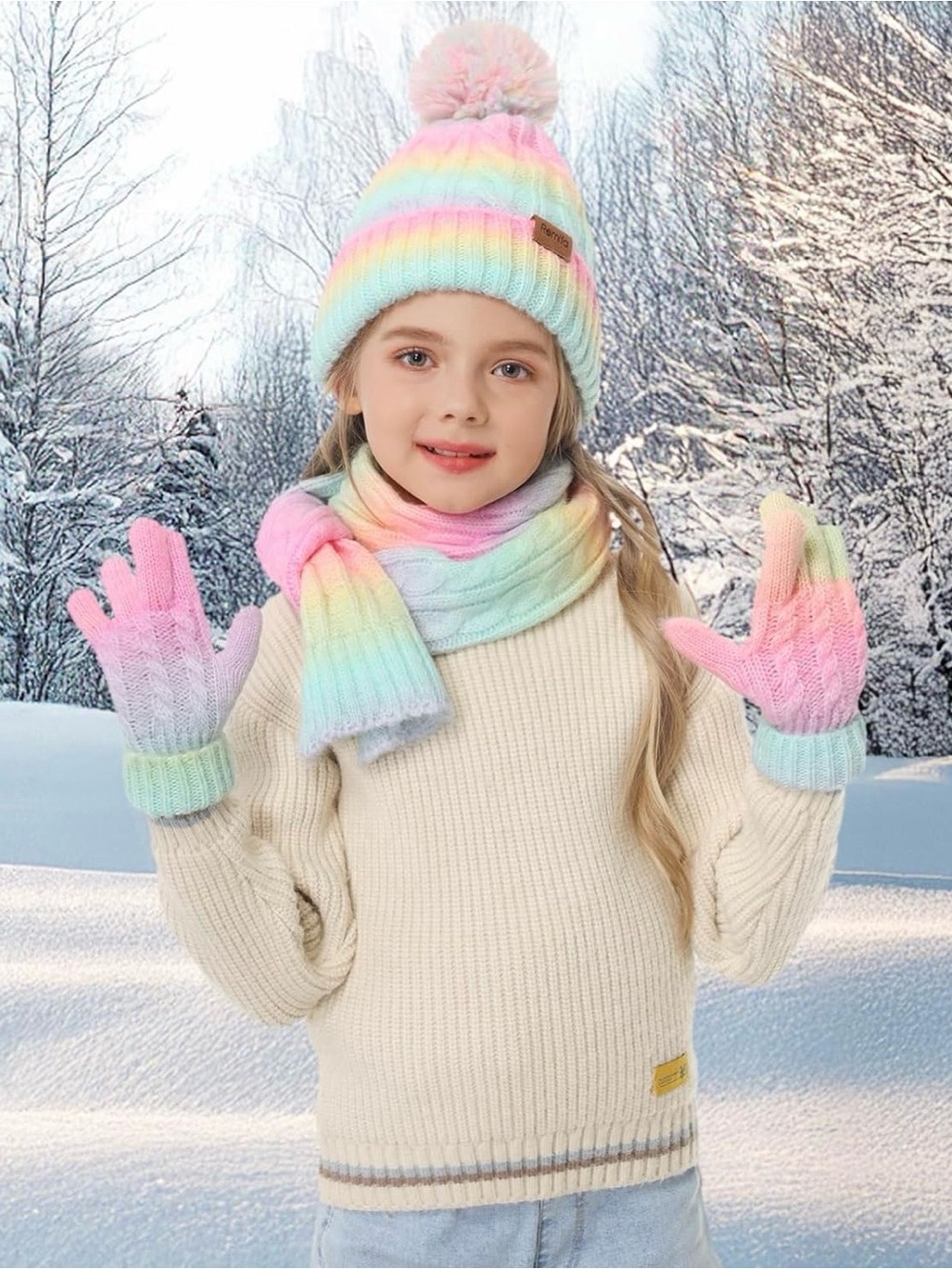 Brand New! Kids Rainbow Pastel Knit 🧶 Beanie, Scarf & Mittens Set